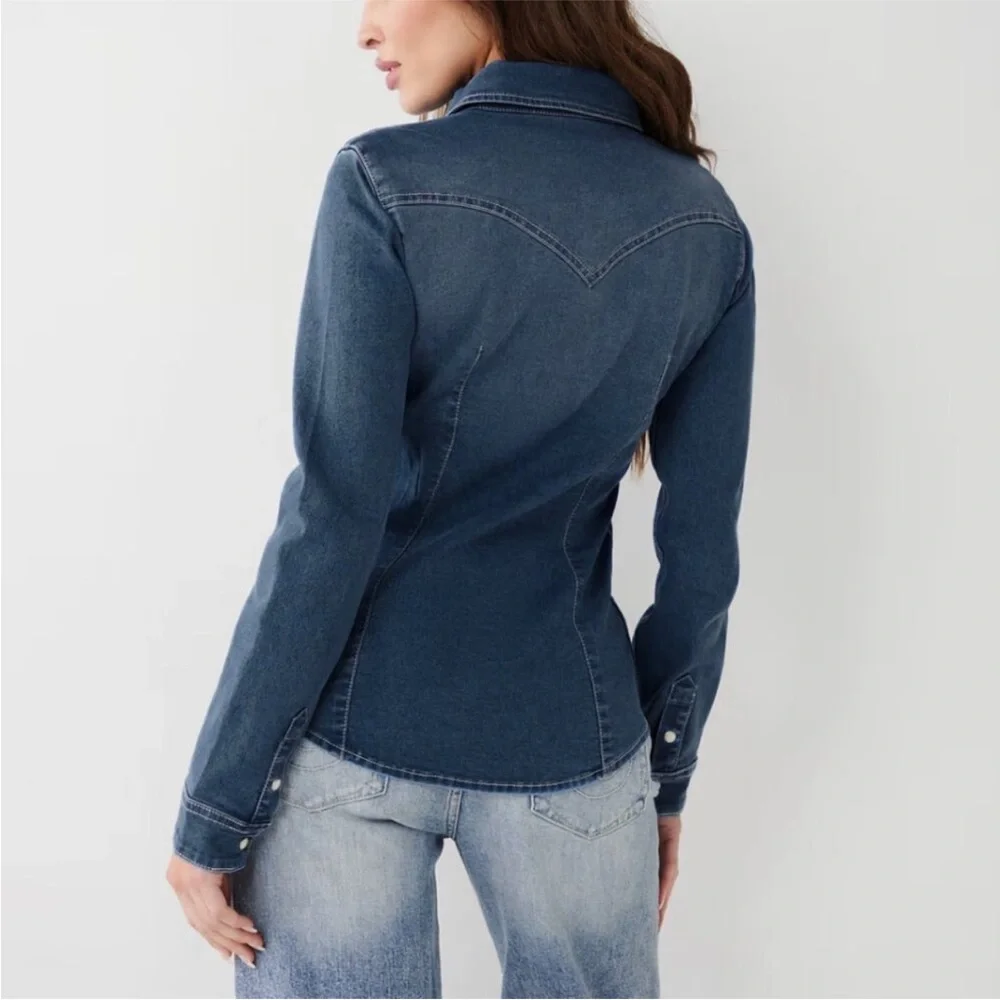 True Religion Chambray Western Denim Shirt Shacket Dark‎ Pearl Snap Button New M - Picture 7 of 13